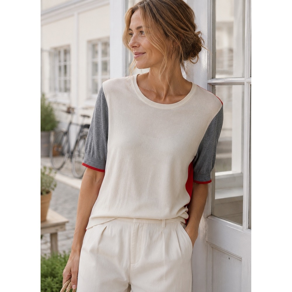 ICHI Color Block Knit Sweater Medium ECOVERO Viscose Red Cream Gray Short Sleeve